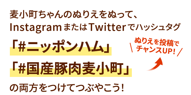 ぬりえ投稿でチャンスUP！麦小町ちゃんのぬりえをぬって、InstagramまたはTwitterでハッシュタグ「#ニッポンハム」「#国産豚肉麦小町」の両方をつけて投稿しよう！キャンペーン期間中であれば、応募前・応募後どちらでも投稿いただけます。